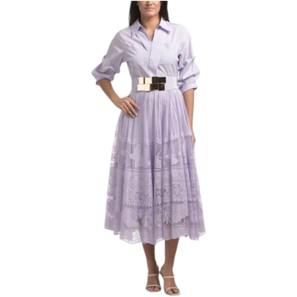 DALIA MACPHEE Three-quarter Sleeve Butterfly Lace Shirt Dress With Belt